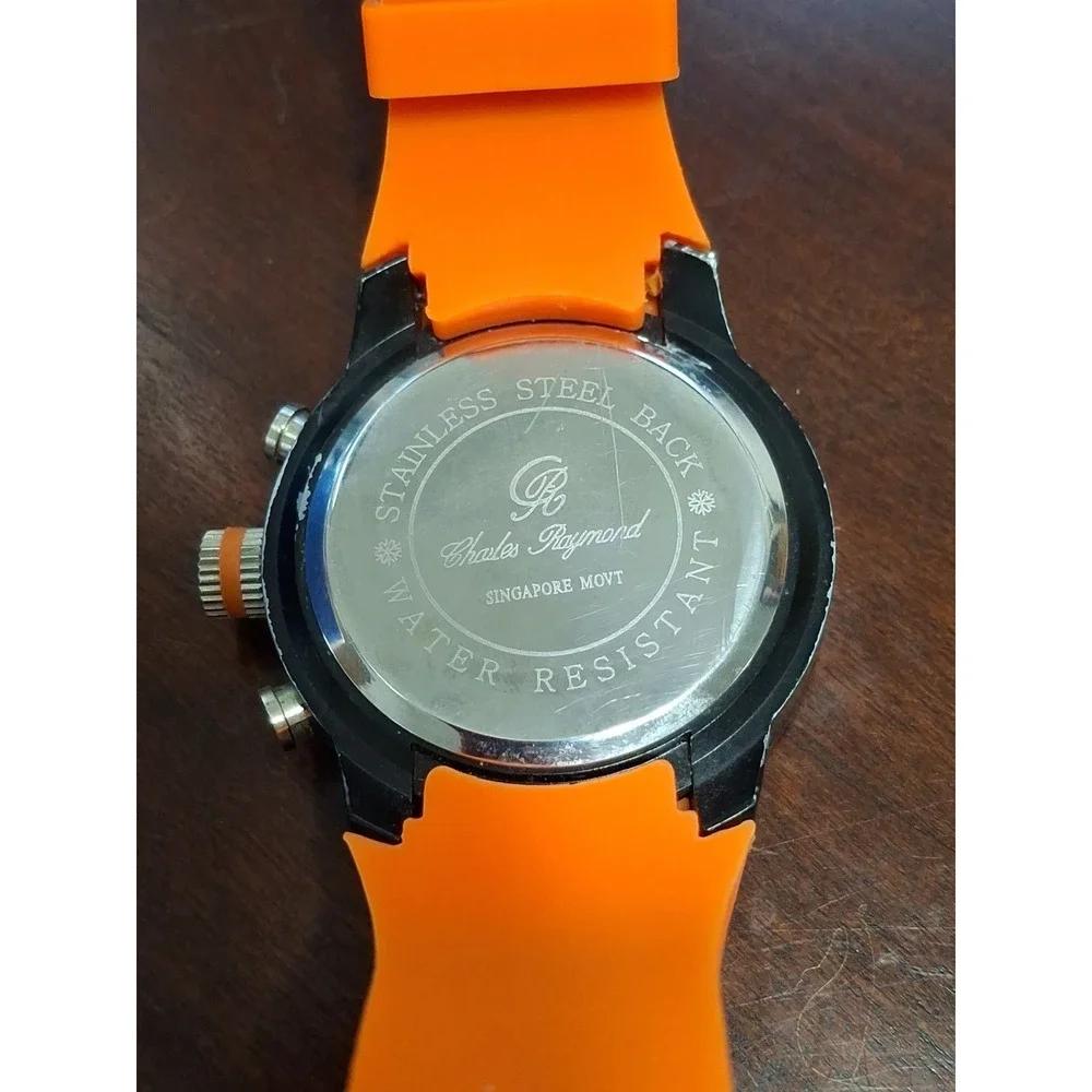 Charles Raymond Mens 48mm Orange & Black Silicone Fashion Sports Watch. Pre-worn